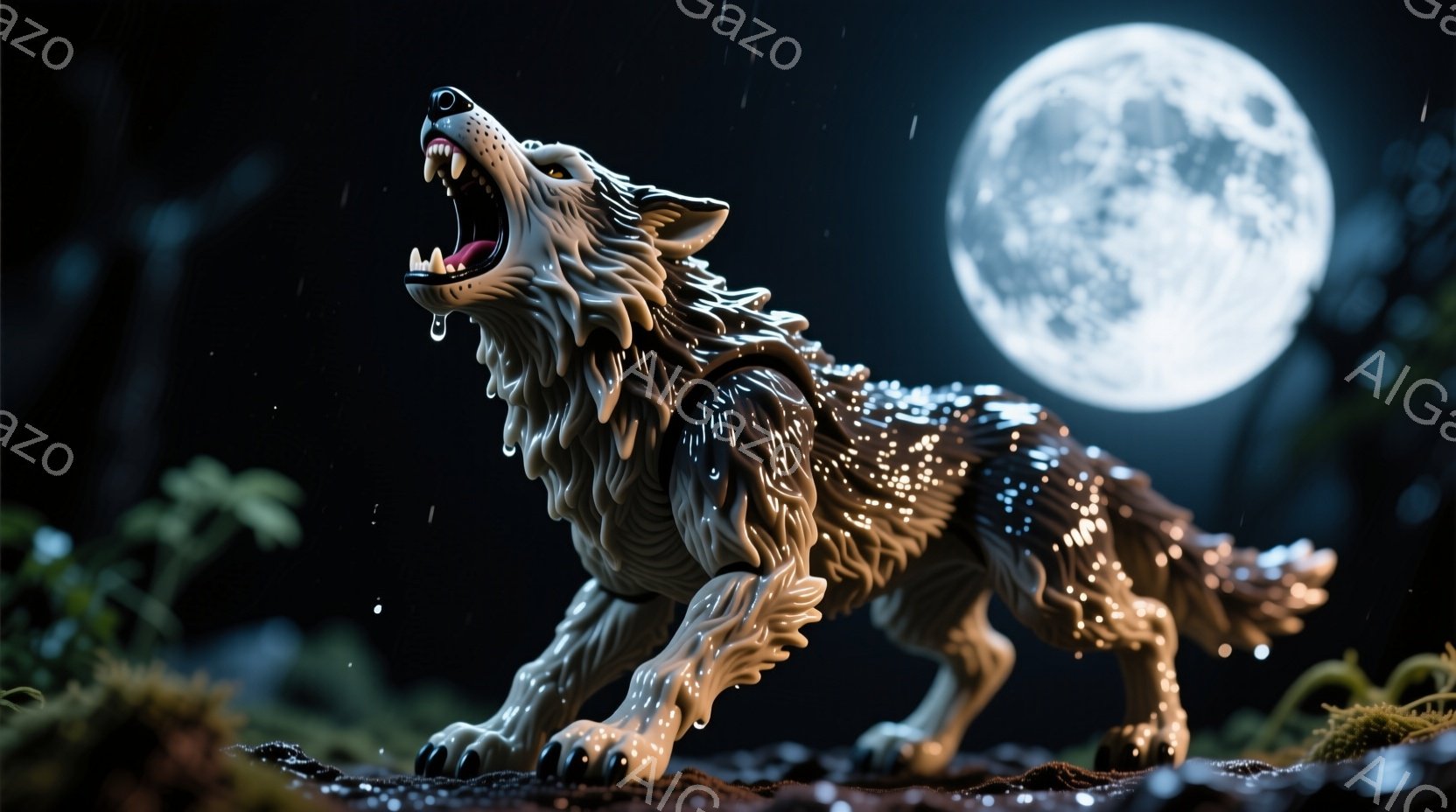 満月の夜、吠える狼が描かれています。狼は明るい毛並みを持ち、力強い前足で地面を踏みしめ、口を大きく開けて咆哮しています。背景には暗い森と湿った地面が広がり、全体的に幻想的で力強い雰囲気を醸し出しています。