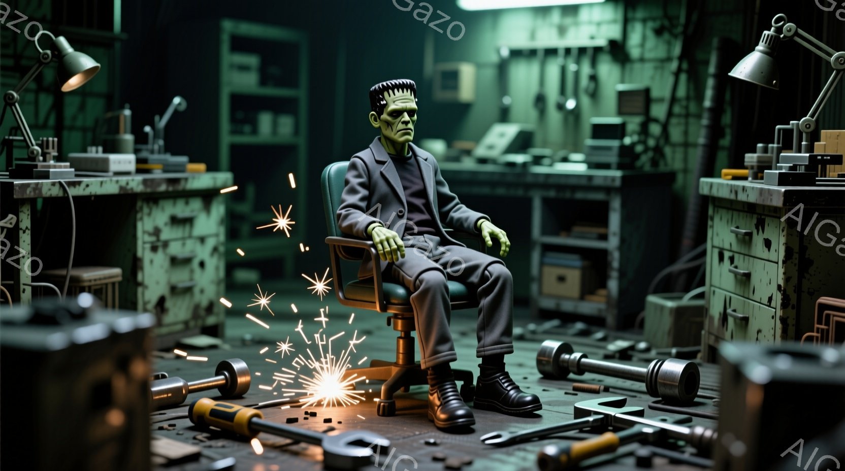 巨大なフランケンシュタインのモンスターが、古びた作業場の椅子に座っています。彼は黒いスーツ、白いシャツ、黒いブーツを着用し、髪は整髪料で固められています。周囲には工具や機械部品が散乱し、火花が散る様子が描かれ、薄暗い作業場の雰囲気とモンスターの存在感が強調されています。