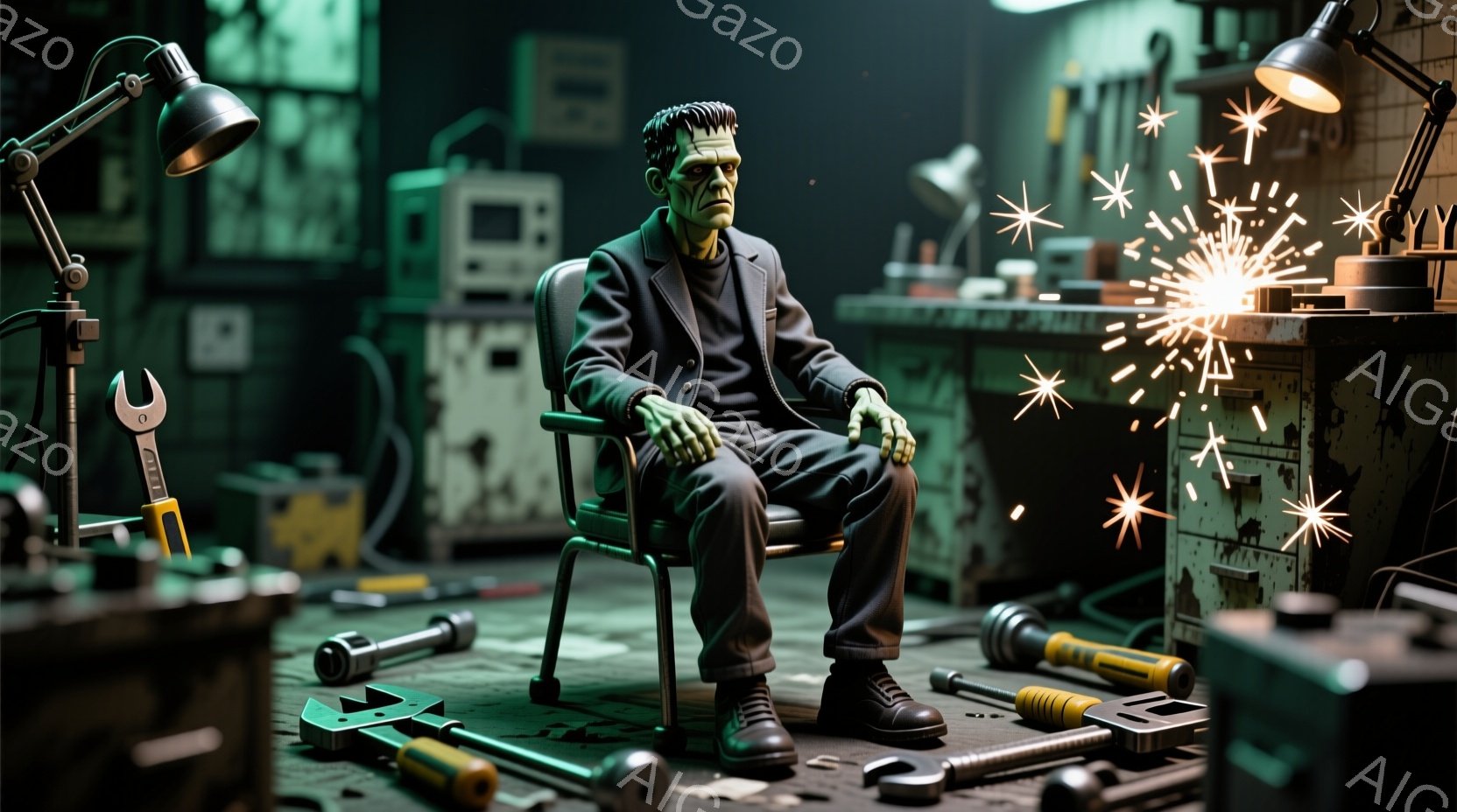 フランクensteinの怪物のような人物が、作業椅子に座って退屈そうにしています。彼は黒いスーツと靴を身に着け、緑色の肌と特徴的な髪型をしています。背景には工具や機械部品が散らばり、薄暗い作業場の雰囲気が漂っています。