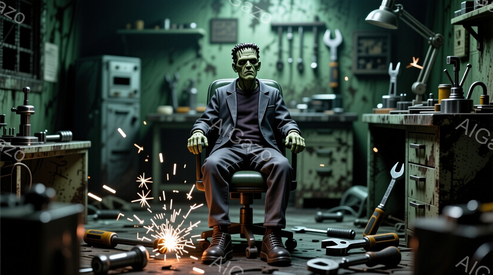 改造人間のような男が、作業台の前に座って、工具に囲まれています。彼は黒いスーツに身を包み、革靴を履いていますが、肌は緑色で、手は巨大でずんぐりしています。背景には工具や機械が散乱し、薄暗い照明が独特の雰囲気を醸し出しています。
