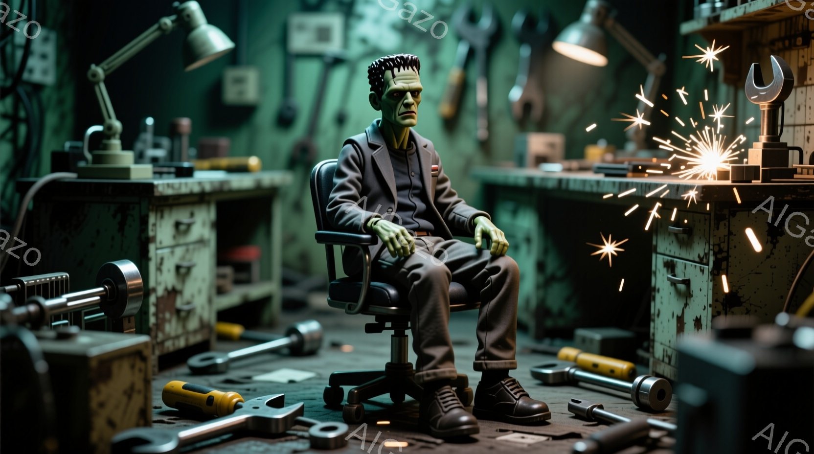整備工場のような背景で、フランケンシュタインのモンスターがオフィスチェアに座って少し疲れた様子で座っている。彼はダークカラーのスーツに身を包み、顔は緑色で、頭髪はない。周囲には散らばった工具や部品が多数あり、背後には工具箱や作業台が見える。
