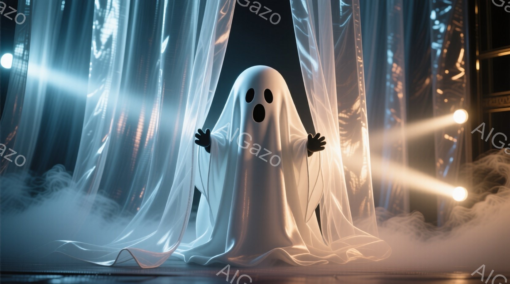 白い布で覆われた幽霊が、両手を前に出して驚いた表情で立っている。背景には、ぼやけた光線と煙が立ち込め、まるで舞台のような雰囲気を作り出している。全体的に神秘的で少しコミカルな、ハロウィンのような雰囲気 - AI生成フリー素材