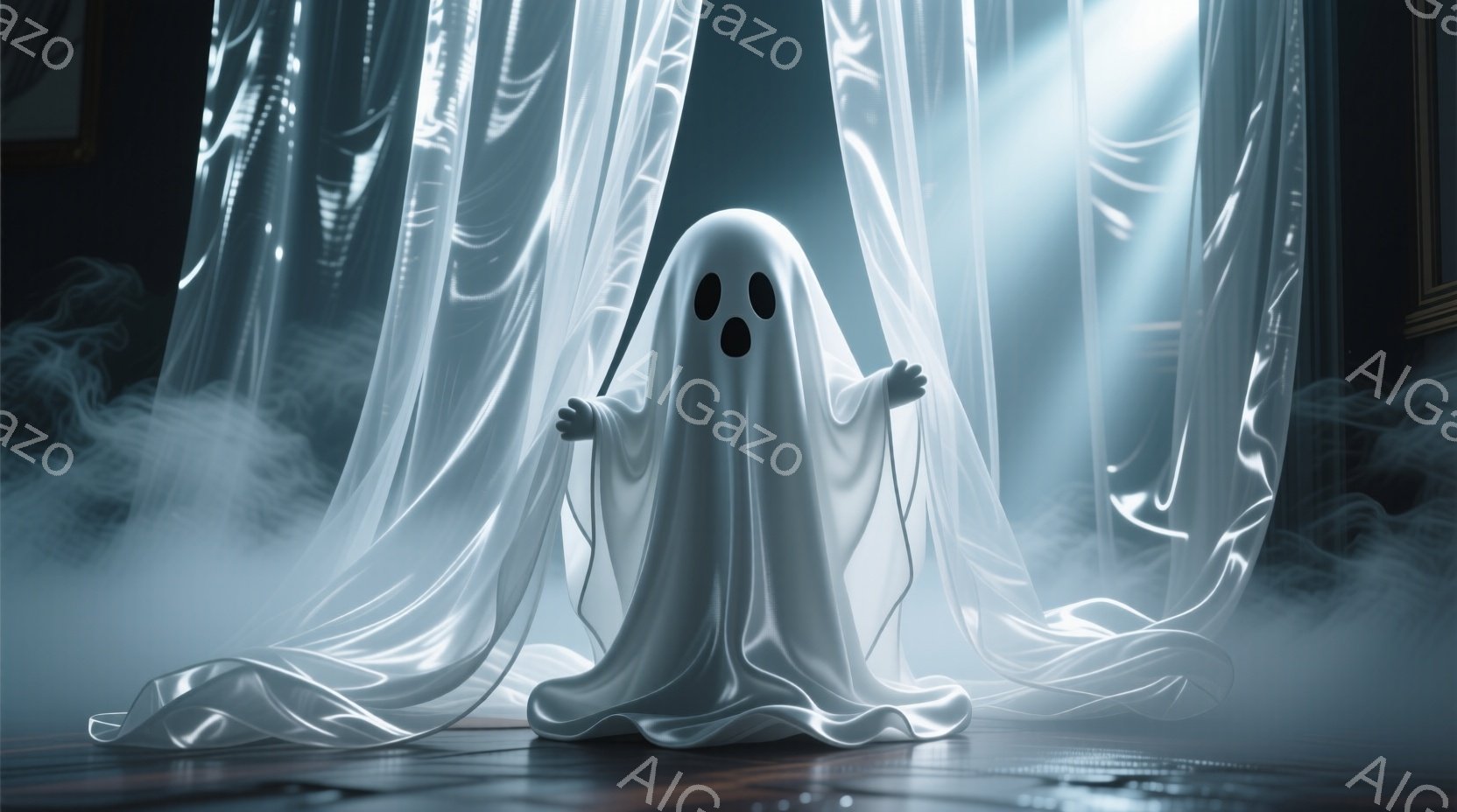 白い幽霊が、床の上に不気味に立っている。幽霊はシンプルで、白い布で覆われた姿で、目は大きく丸く、口もまた大きく開いている。背景にはかすんだ光線と霧が漂い、薄暗く、幻想的な雰囲気を醸し出している。