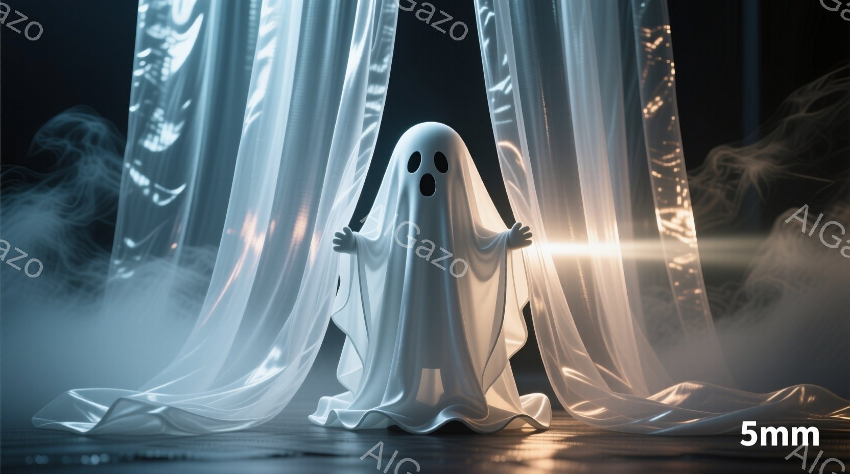 白い幽霊が、床にたなびく白い布のような衣装を身につけています。幽霊は両手を前に出し、丸い黒い目で少し驚いたような表情をしています。背景は暗く、光の筋と霧のようなものが漂い、神秘的で少し不気味な雰囲気を醸し出しています。