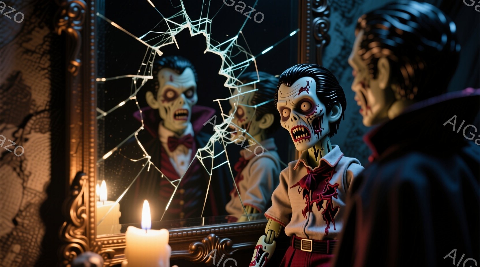 古いフレームの鏡に映るゾンビのような男が描かれている。彼は白いシャツに赤いネクタイとベストを着用し、血のようなものが滴り落ちている。背景にはキャンドルの光がちらつき、割れた鏡の破片が不気味な雰囲気を醸し出している。