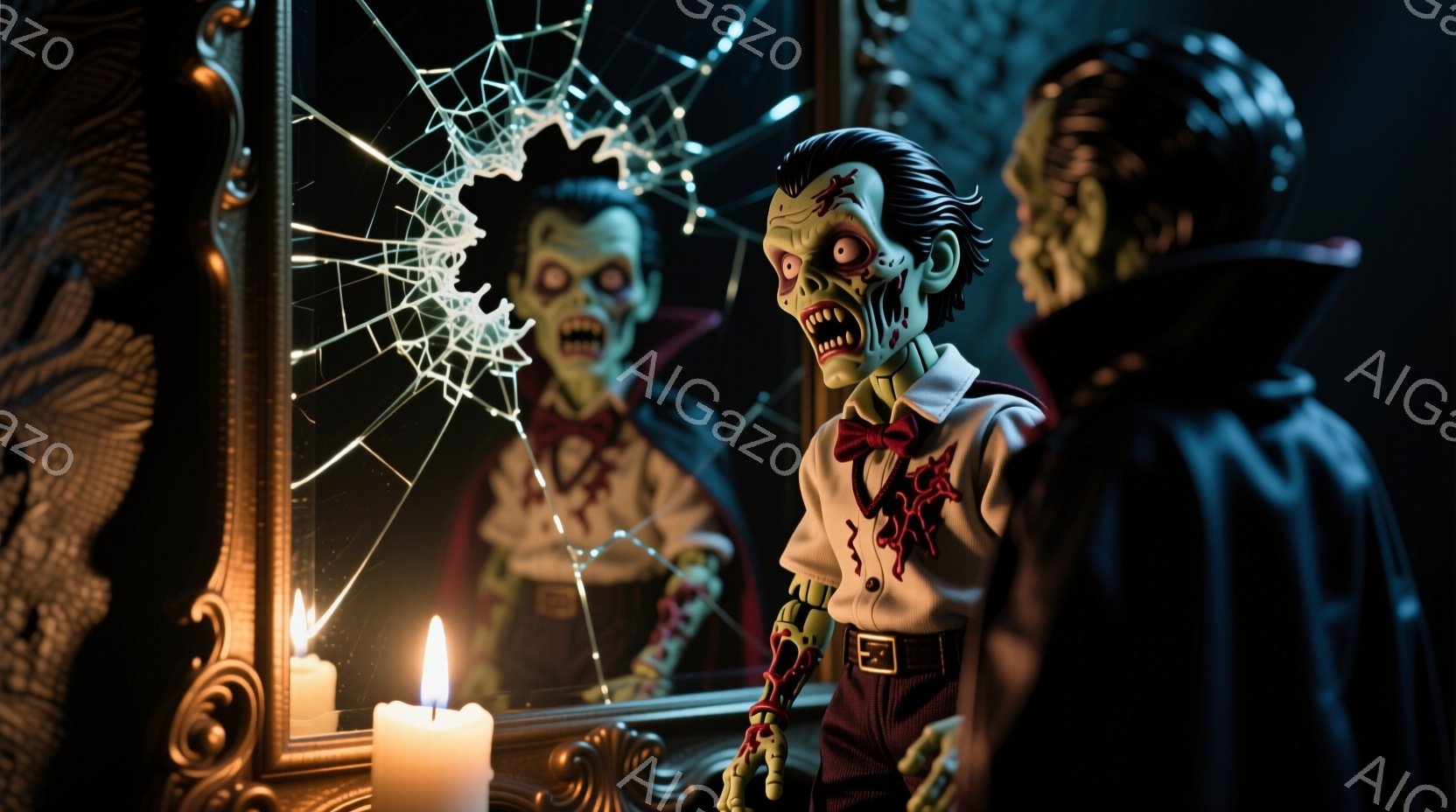 割れた鏡の前に、緑色の肌をしたゾンビのような人形が立っている。人形は白いシャツに赤いネクタイ、茶色のズボンという服装で、顔には不気味な笑みが浮かび、目は大きく見開かれている。背景は暗く、壁には複雑な模様があり、ろうそくの炎が人形と鏡を照らし、不気味で幽玄な雰囲気を醸し出している。