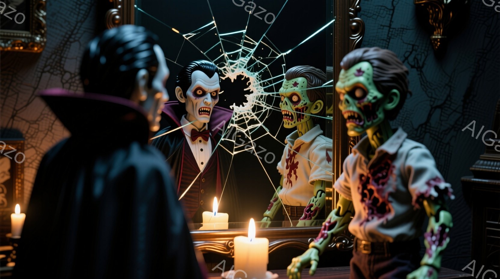 鏡の前には、黒いローブと蝶ネクタイを着た吸血鬼のような人物が立っており、鋭い眼差しで正面を見据えています。鏡に映っているのは、緑色の肌で血が滴り落ちるゾンビの姿であり、恐怖と不気味さを醸し出しています - AI生成フリー素材