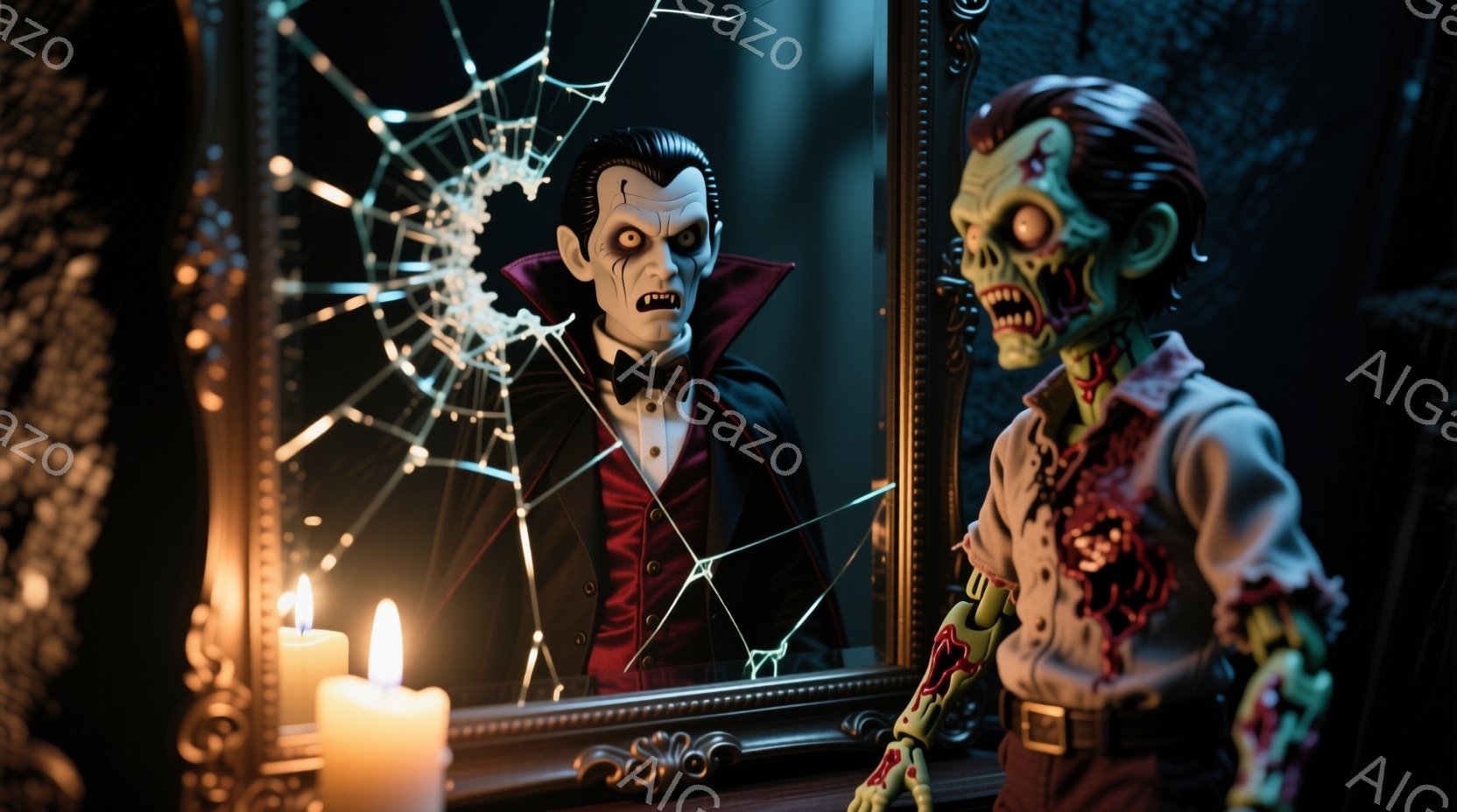 古風なフレームの鏡の前には、ヴァンパイアとゾンビが対峙している。ヴァンパイアは黒い燕尾服にボウタイを締め、整髪された髪型で冷たい視線を投げかけている一方、ゾンビは破れた服を着て、血の付いた手でうめきながら鏡を見つめている。背景には、ろうそくの光と蜘蛛の巣が広がり、不気味で静謐な雰囲気を醸し出している。