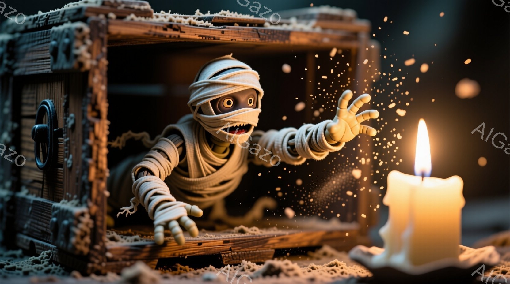 古びた木箱からミイラ化したキャラクターが片手を伸ばしている様子が描かれている。そのキャラクターは包帯で全身が覆われ、大きな目と少し開いた口が特徴的で、驚いたような表情を浮かべている。背景には、ぼんやり - AI生成フリー素材