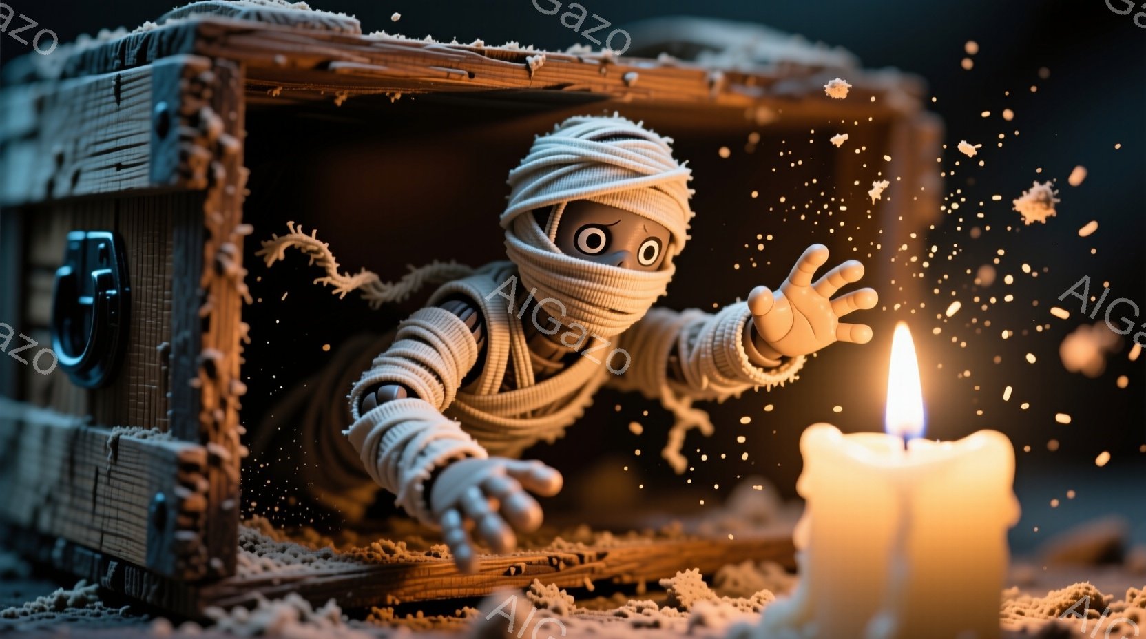 古びた木製の箱からミイラのような姿のキャラクターが這い出てきている。包帯で全身が覆われ、大きな目とわずかな笑顔が特徴的で、まるで箱から飛び出してくるミイラの子供のようである。背景は暗く、箱の周囲には白 - AI生成フリー素材