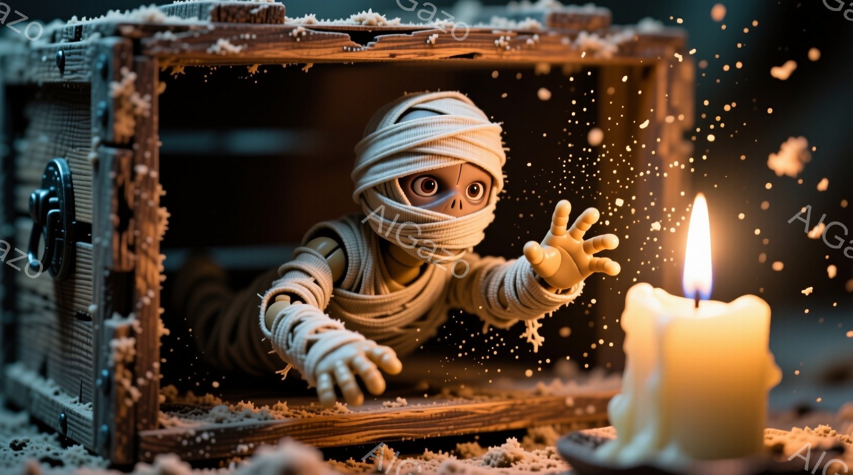 古びた木箱からミイラのような人形が片手を伸ばして出てきています。人形は全身を包帯で覆われており、大きな丸い目が特徴的です。背景には雪のようなものが舞っており、箱の周りにはミイラの包帯のようなものが散らばっています。