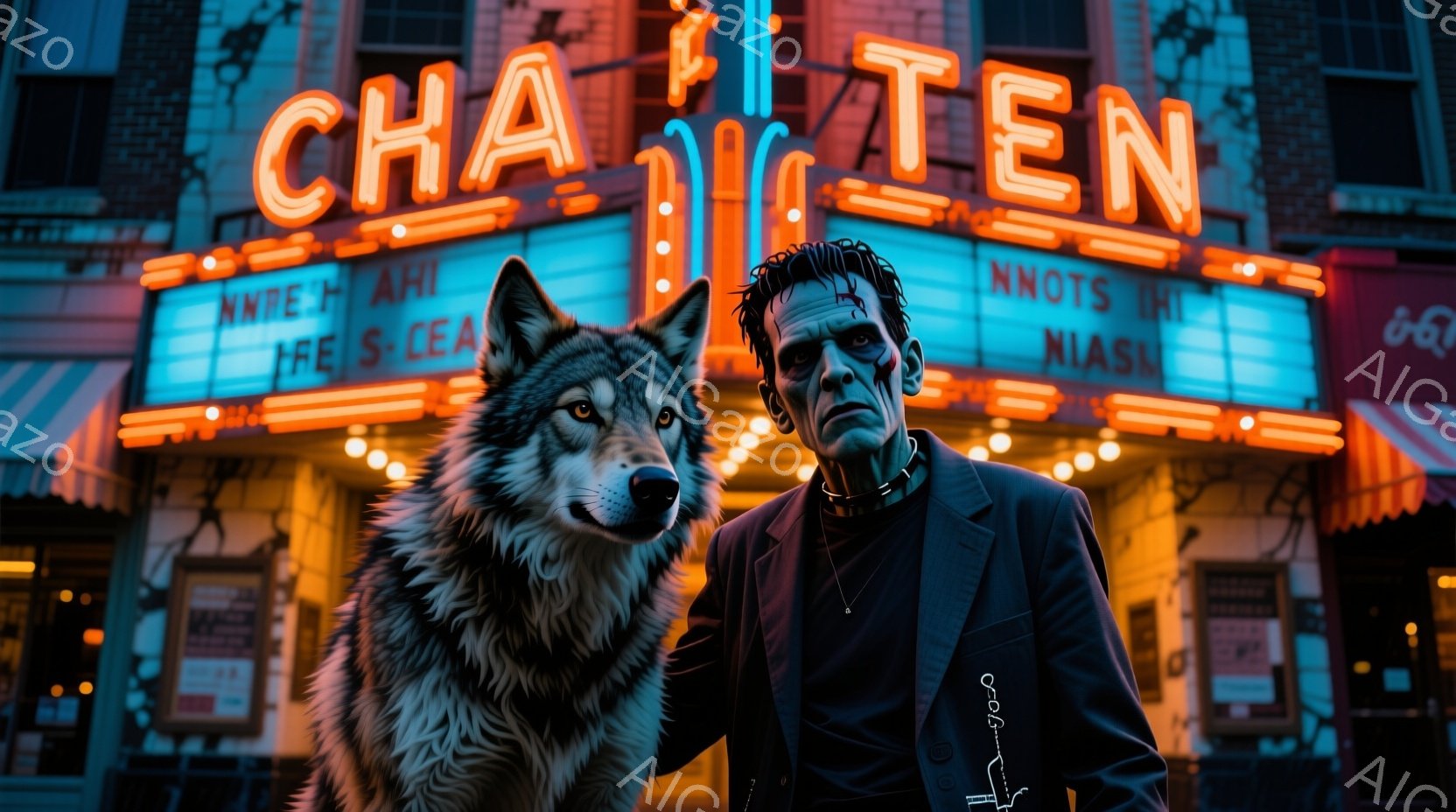 フランケンシュタインの怪物のような男性とオオカミが並んで立っています。男性は黒いスーツにネクタイ、整髪された髪、そして特徴的な顔の傷跡を持っています。背景には、ネオンサインが輝く劇場や建物があり、夜の - AI生成フリー素材