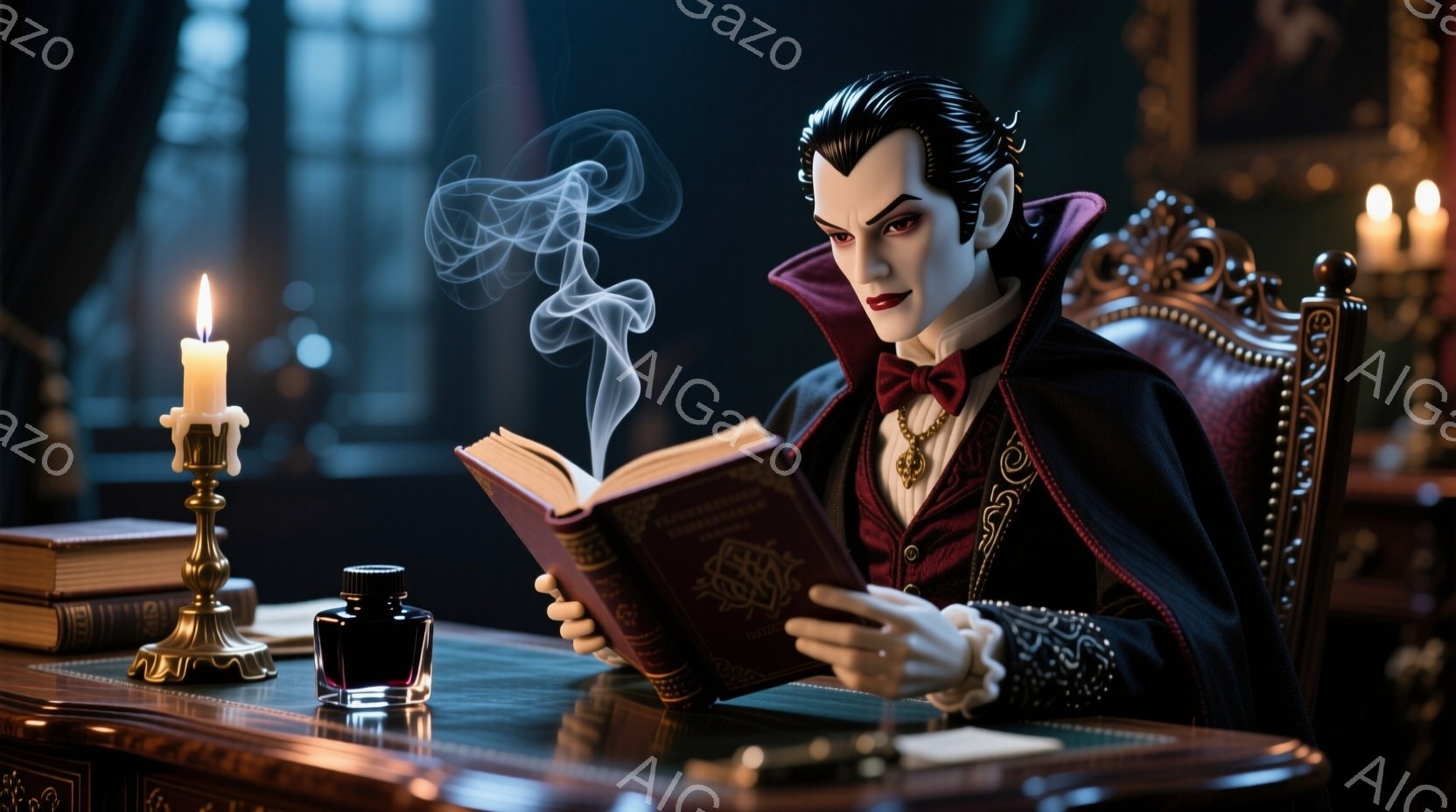濃い紫色の豪華なベルベットのローブを身につけた男性が、古びた本を読んでいる。彼は整った黒髪と鋭い眼差しを持ち、どこか冷たい表情を浮かべている。背景には、キャンドルやインク壺が置かれた重厚なアンティーク調の机と、豪華な装飾が施された椅子があり、全体的に神秘的で退廃的な雰囲気を醸し出している。