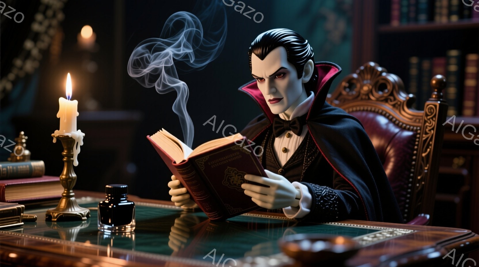 吸血鬼を模した男性が、豪華な赤い椅子に座って本を読んでいる。彼は黒いスーツに蝶ネクタイを締め、整った黒髪と特徴的な牙を持っている。背景には、本棚が並び、机の上にはロウソクとインク壺が置かれ、煙が立ち上っている様子から、古い屋敷の一室のような、重厚でミステリアスな雰囲気が漂っている。