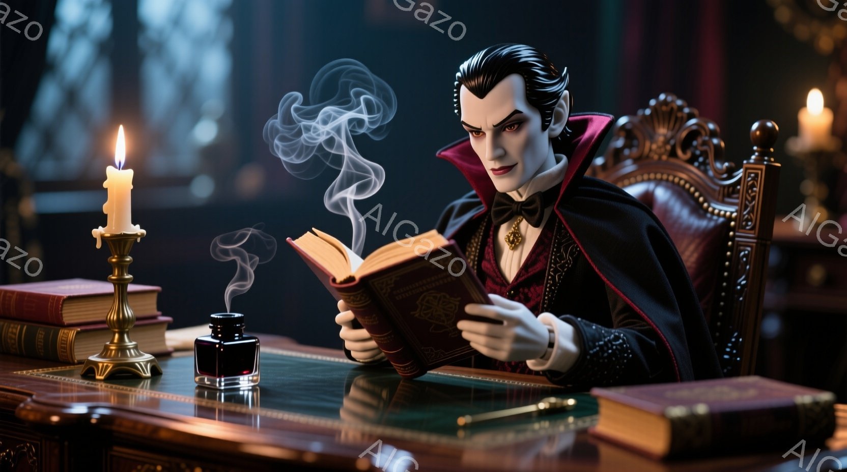 濃い赤色の装飾が施された黒いコートと、黒い蝶ネクタイを締めた男性が、古い本を読んでいます。彼は整った黒髪を持ち、鋭い眼差しで本に集中しており、読書台の上には煙が立ち上っています。背景には豪華な家具と本 - AI生成フリー素材