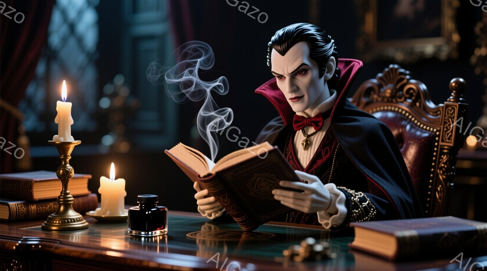 濃い赤色のローブと黒いベストを身につけた男性が、古書を開いて読んでいる。彼の髪は整然と後ろに梳かれ、鋭い眼差しと少し微笑んだ表情は、どこか神秘的な雰囲気を醸し出している。背景には、燭台に灯されたロウソク、インク壺、積み重ねられた古書が見え、全体的に重厚でクラシカルな雰囲気を醸し出している。