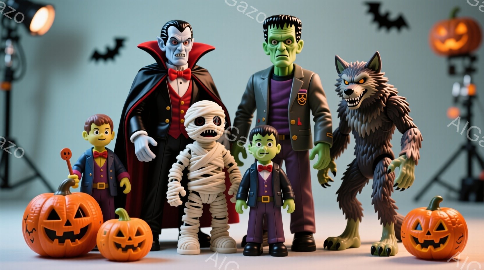 ハロウィーンのキャラクターたちが、整列して立っています。吸血鬼は黒いマントと赤いベストを着て、少し不気味な笑顔を浮かべています。背景には、ハロウィーンの装飾であるカボチャやコウモリ、照明機材が見え、お - AI生成フリー素材