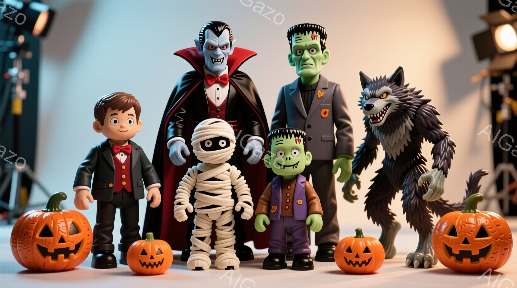 ハロウィーンのキャラクターたちが、彫刻されたカボチャに囲まれて整列しています。ドラキュラは黒いスーツに赤いネクタイをつけ、整った髪型で、真剣な表情をしています。フランケンシュタインの怪物、ミイラ、狼男 - AI生成フリー素材