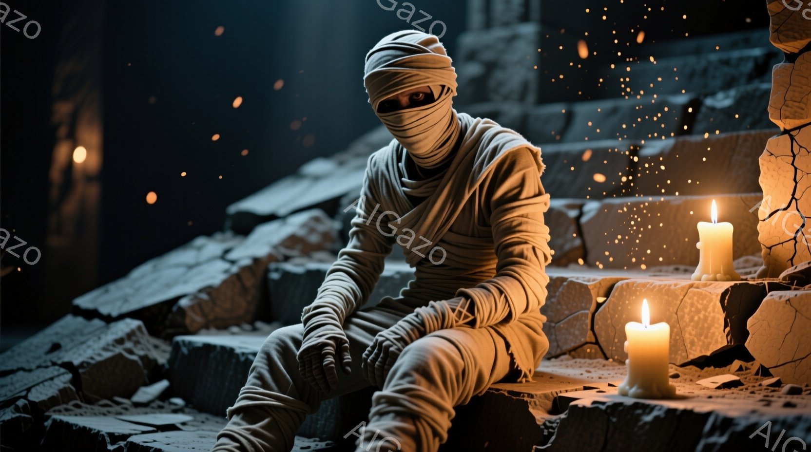 崩れかけた石造りの遺跡の中で、包帯で全身を覆われたミイラのような人物が膝を抱えて座っている。周囲には数本のロウソクが灯り、暗闇の中にぼんやりとした光を投げかけ、遺跡の壁にはひび割れや崩落の跡が見られる - AI生成フリー素材
