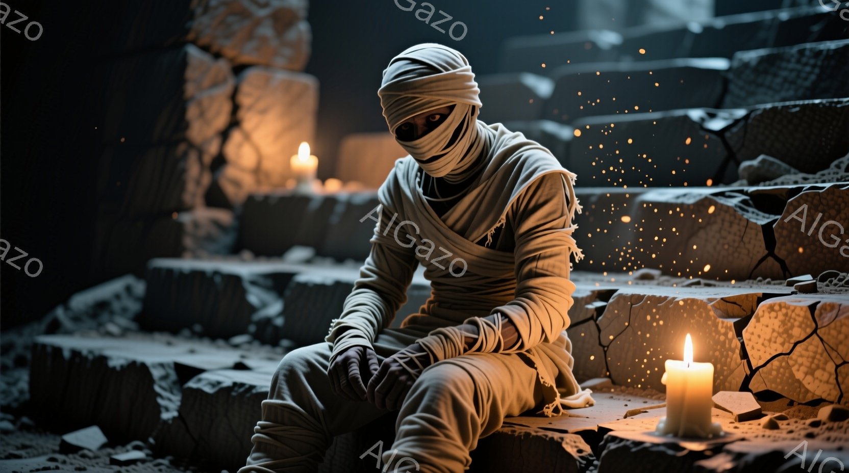 画像には包帯で全身を覆われた人物が、石造りの階段に座って描かれています。人物は目元だけを覆わず、その表情は憂いを帯びています。背景は石造りの遺跡のようで、点在する蝋燭の光が不気味な雰囲気を醸し出しています。