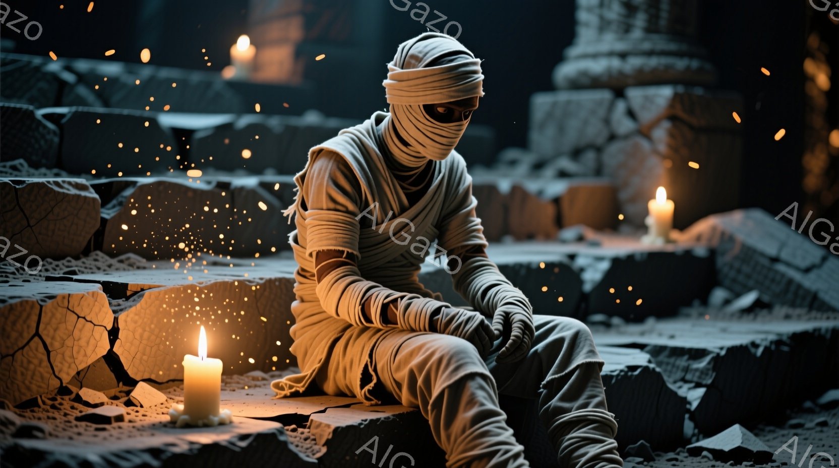 包帯で全身が覆われたミイラのような人物が、石造りの瓦礫の上にうずくまって座っている。周囲には数本のロウソクが灯っており、暗い背景にぼんやりとした光を投げかけている。背景には崩れかけた石柱や建造物の一部 - AI生成フリー素材