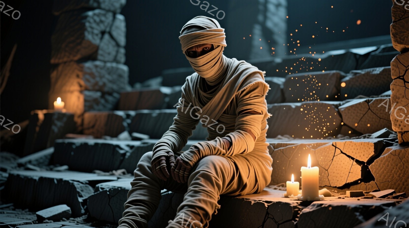 包帯で全身が覆われた人物が、崩れかけた石造りの遺跡の中で座っている。膝を抱え、うなだれた姿は疲労や悲しみを表しているように見える。背景には無数の石の破片が散乱し、ぼんやりと灯ったロウソクの光が、寂しげな雰囲気を醸し出している。