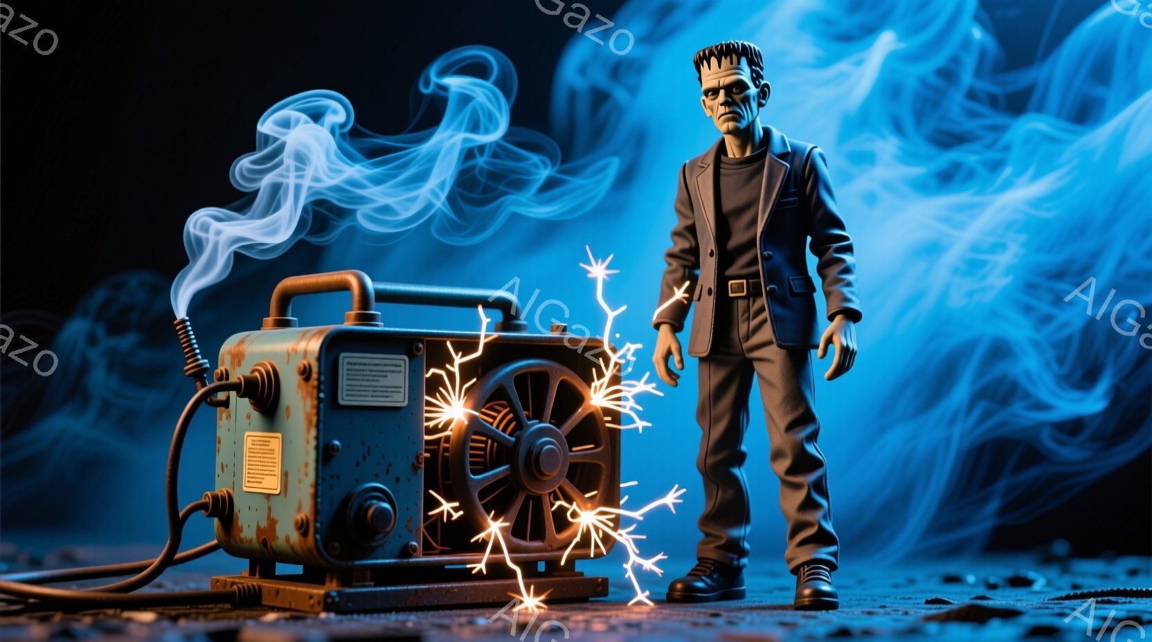 古びた溶接機が置かれた暗い背景に、スーツを着た男が立っている。溶接機からは煙が上がり、男の足元からは火花が散っている。全体的に、薄暗く不気味な雰囲気が漂い、どこかレトロな雰囲気が感じられる。