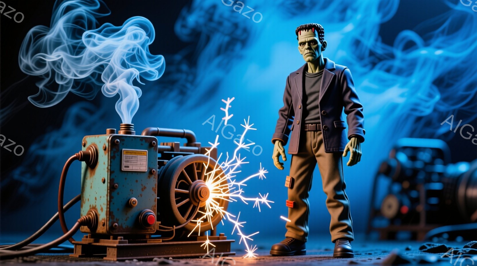 錆び付いた機械の横に、フランケンシュタインのモンスターが立っている。彼は暗い色のスーツを着ており、無表情で前を見据えている。背景は暗く、青い煙と火花が漂い、機械が作動していることを示唆しており、全体的 - AI生成フリー素材