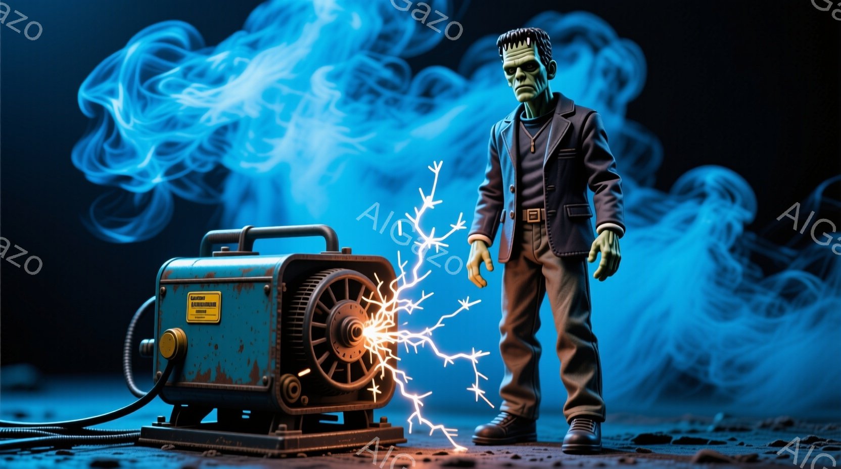 古びた発電機から青い稲妻が飛び散り、科学実験の現場を思わせる光景です。フランクensteinの怪物のような男が、黒いスーツに身を包み、少し斜めを向き、真剣な表情でその様子を見守っています。地面は荒れ果 - AI生成フリー素材
