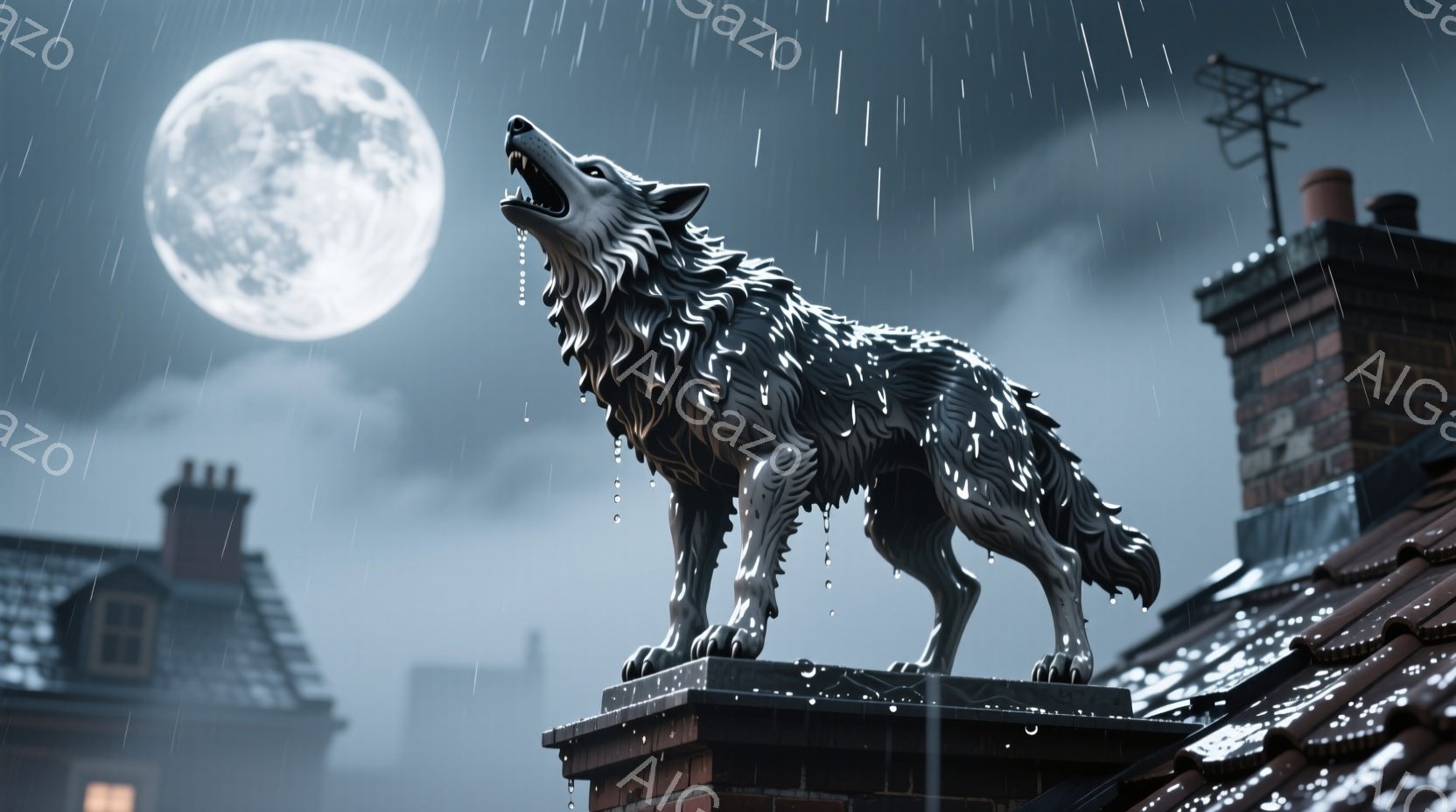 屋根の上で遠吠えをする狼が描かれています。満月が雲間から覗き、雨が激しく降り注ぐ夜の街並みが背景に見えます。赤レンガの建物やアンテナが確認でき、全体的に陰鬱で神秘的な雰囲気を醸し出しています。 - AI生成フリー素材