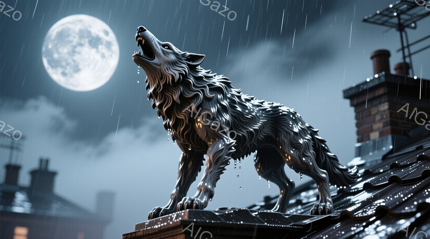 暗い夜の屋根の上に、狼の彫刻が立っている。月明かりと雨が降り注ぎ、彫刻は口を開けて遠吠えをしているように見える。背景には、煙突が並び、不気味で神秘的な雰囲気が漂っている。