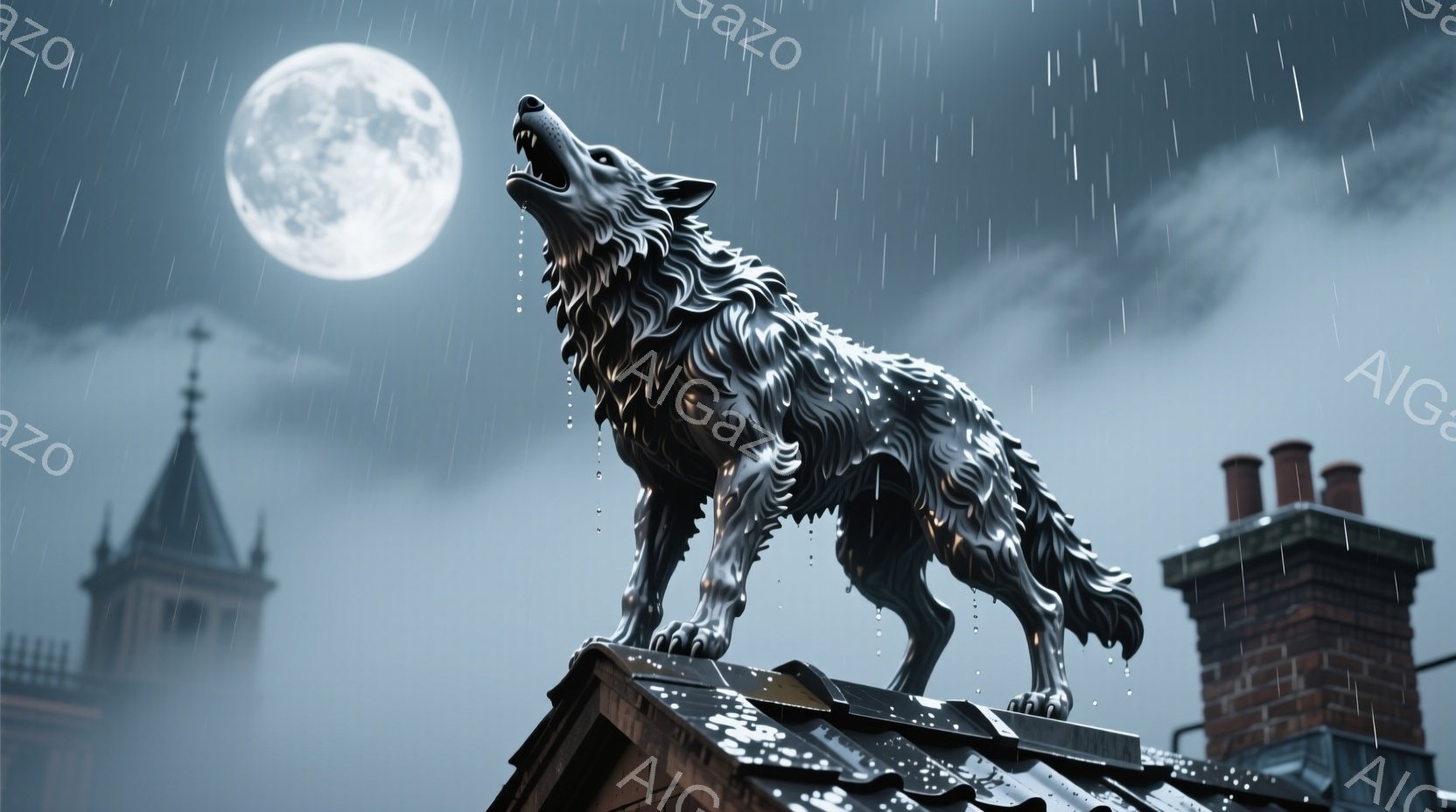 満月を背景に、屋根の上で遠吠えをする狼の彫像が描かれている。雨が激しく降り注ぎ、霧が立ち込める中、狼の彫像は力強く、そして少し寂しげな印象を与えている。背後には、暗いシルエットの建物と煙突が見え、全体 - AI生成フリー素材