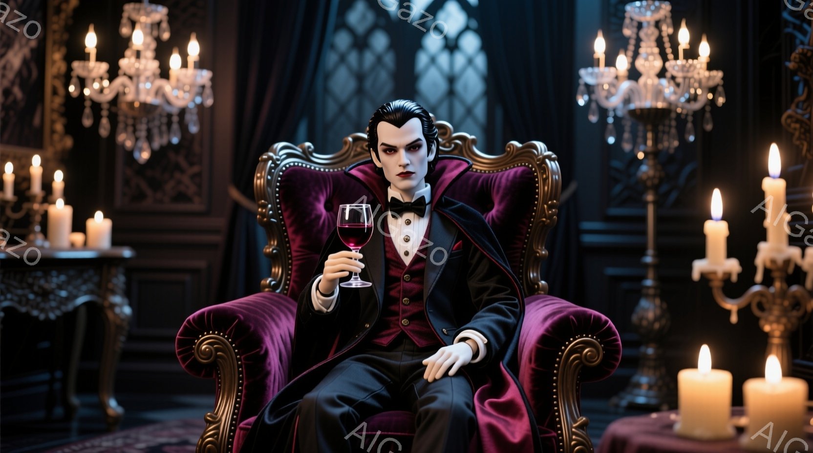 深紅のベルベットの肘掛け椅子に座った男性は、黒いスーツに蝶ネクタイを締め、整った髪型で、どこか退屈そうな表情を浮かべている。彼は片手にワイングラスを持ち、優雅な姿勢で座っている。背景にはシャンデリアや - AI生成フリー素材