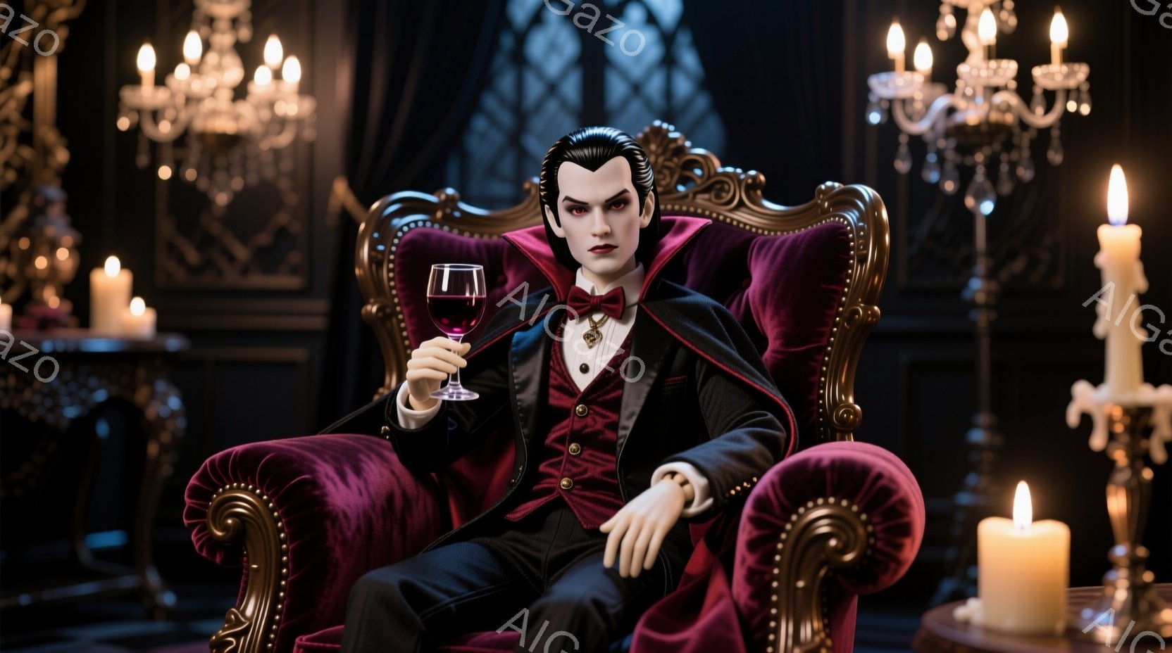 深紅のベルベットの肘掛け椅子に座った男性は、黒いタキシードに赤い蝶ネクタイを締め、洗練されたヘアスタイルをしています。彼は片手にワイングラスを持ち、どこか憂いを帯びた表情でこちらを見つめています。背景には、燭台やキャンドルが置かれ、重厚な雰囲気の室内が広がっています。