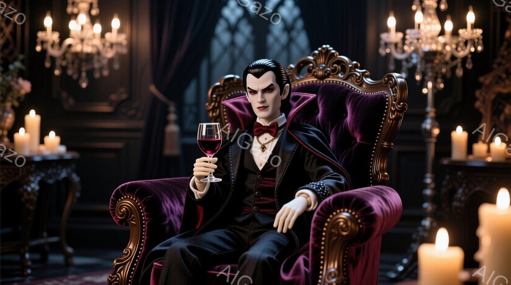 深紅のベルベットの肘掛け椅子に座る男性は、黒いスーツに赤い蝶ネクタイ、白い手袋を身に着けている。彼の髪は後ろにとかされ、鋭い目つきと自信に満ちた表情は、どこか神秘的な雰囲気を漂わせている。背景にはシャンデリアやキャンドルが灯り、豪華でありながらも薄暗い、古典的な屋敷の一室を思わせる。