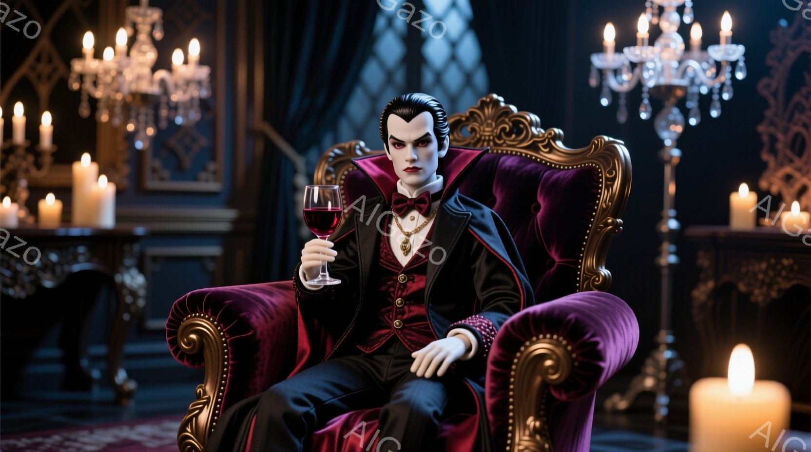 深紅のベルベットの肘掛け椅子に座る男性は、黒いスーツに赤いシャツ、そして蝶ネクタイを身につけています。彼の髪は整然と梳かされ、やや冷酷な表情を浮かべており、片手には赤ワインが入ったグラスを持っています。背景には豪華なシャンデリアとたくさんのロウソクが灯り、部屋全体が重厚で耽美的な雰囲気を醸し出しています。