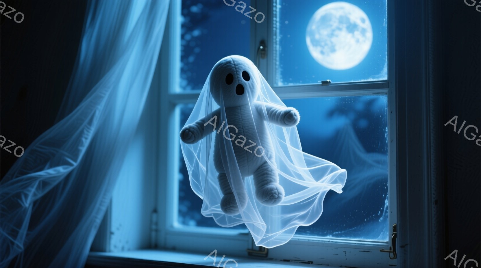 白い幽霊の衣装を身につけたぬいぐるみがお化け屋敷の窓から現れている。月明かりが雲間から差し込み、窓の外には夜の風景がぼんやりと見える。全体的に、不気味でありながらも可愛らしい、ハロウィーンらしい雰囲気 - AI生成フリー素材