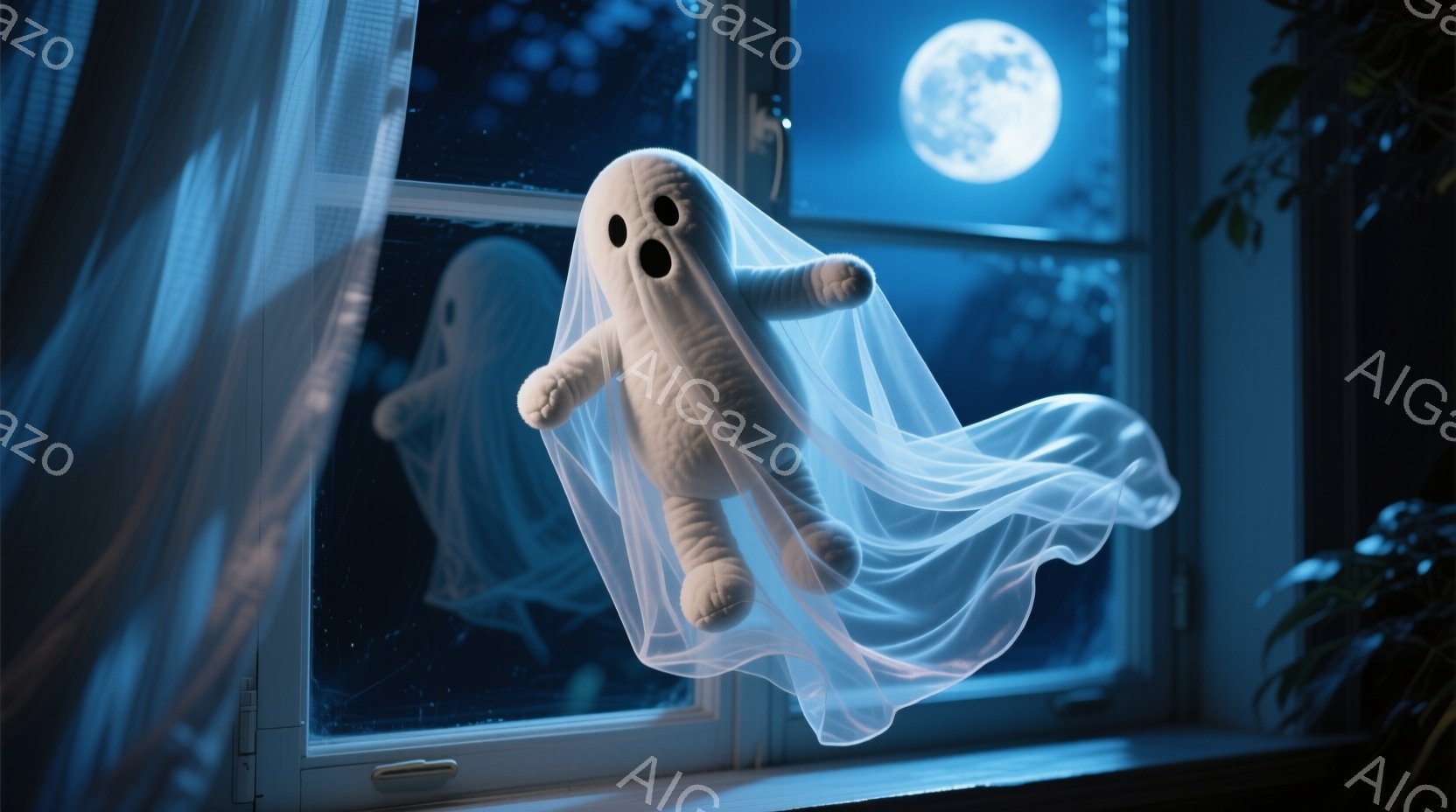 白いシーツを被った、可愛らしいお化けのぬいぐるみのようなものが窓の外に浮かんでいます。夜空には満月が輝き、暗い背景に不気味な雰囲気を作り出しています。窓枠には植物の一部が見え、屋内からの光が差し込んでいる様子が伺えます。