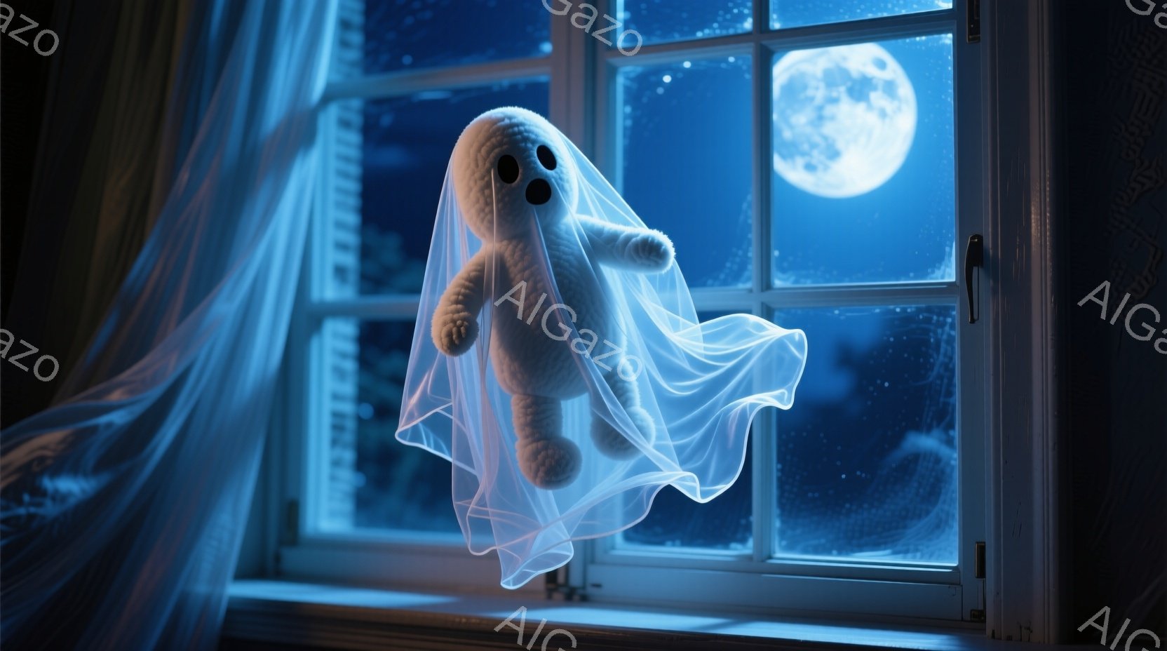 白い幽霊のような姿をしたものが、白い布をまとい、窓から浮かび上がっています。窓の外には満月が輝き、暗い夜空と暗めのカーテンが幽霊の姿を際立たせています。全体的に神秘的で、少し不気味な雰囲気が漂っています。
