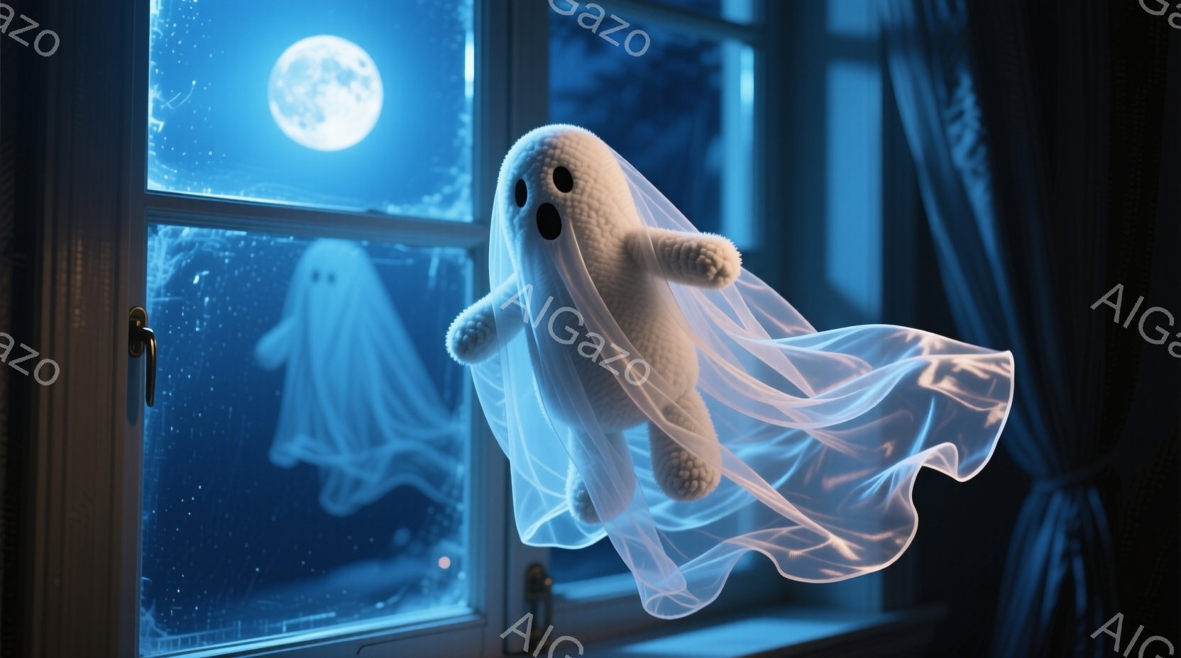 白い幽霊のような姿をしたぬいぐるみが、窓から夜空に浮かんでいます。その姿は、薄い白い布で覆われ、顔には黒い目と口がついています。背景には、満月と木々が見え、全体的にハロウィーンのような幻想的な雰囲気を - AI生成フリー素材