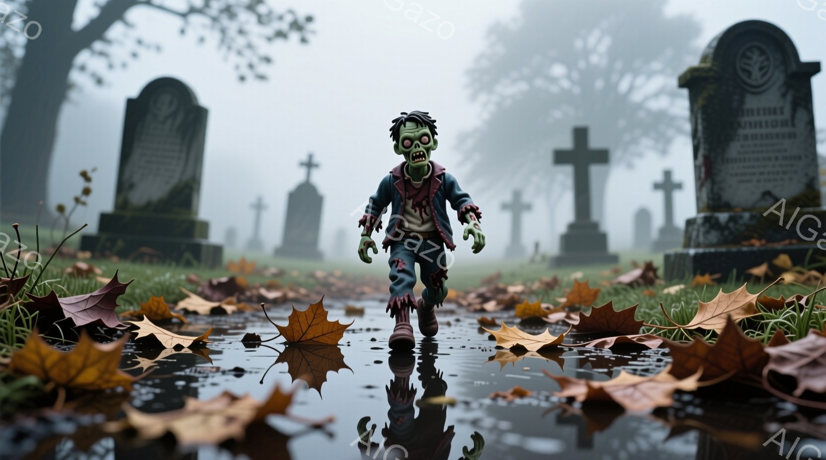 墓地の湿った地面に、緑色の肌をしたゾンビがよろめきながら立っている。青い作業着と赤いシャツを着ており、髪は乱れ、目は血走っている。背景には、霧に包まれた墓石が並び、地面には落ち葉が散らばり、全体的に不気味で陰鬱な雰囲気が漂っている。