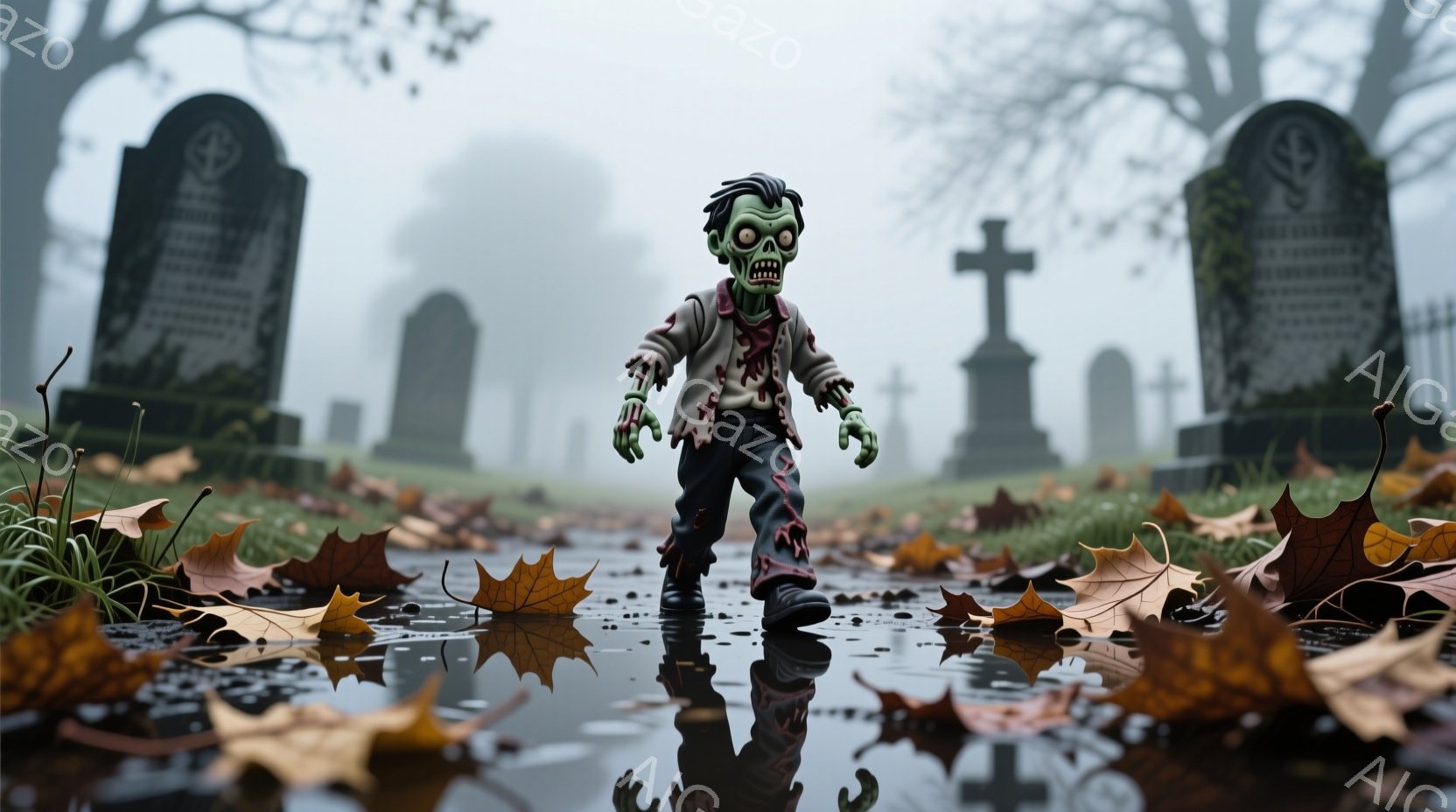 不気味な緑色のゾンビが墓地の水たまりの中に立っている。ゾンビは破れた服を着ており、顔は青白く、目に光があり、不気味な笑みを浮かべている。背景には霧に覆われた墓石と錆びた金属製の柵があり、落ち葉が散らばる地面と相まって、全体的に不気味で陰鬱な雰囲気を醸し出している。