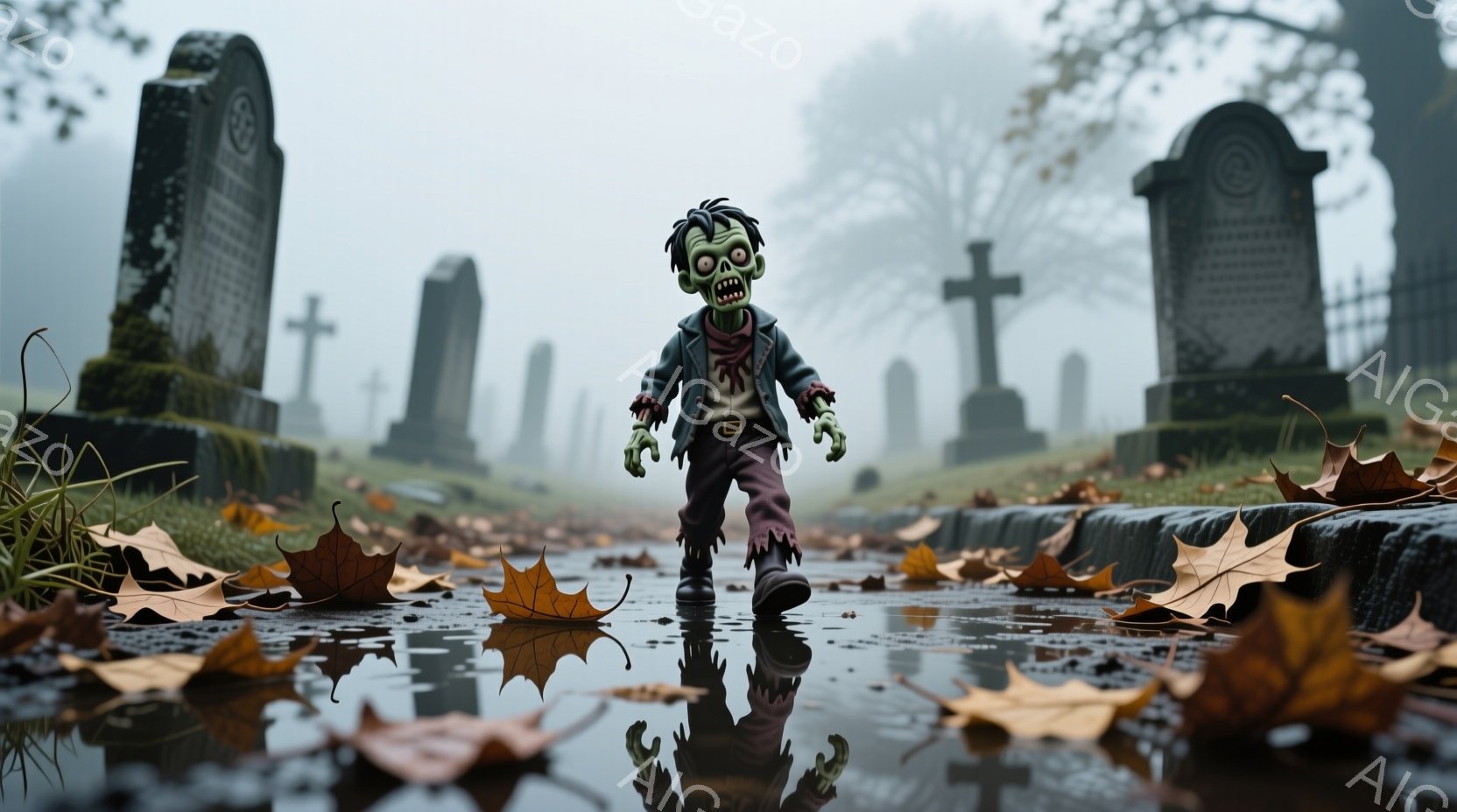 墓地の湿った道に、緑色の肌をしたゾンビがよろめきながら立っている。彼は破れた青いジャケットと茶色のズボンを身につけ、髪はボサボサで、歯をむき出しにした不気味な笑顔を浮かべている。背景には墓石が立ち並び、落ち葉が散らばり、全体的に薄暗く、不気味な雰囲気を作り出している。