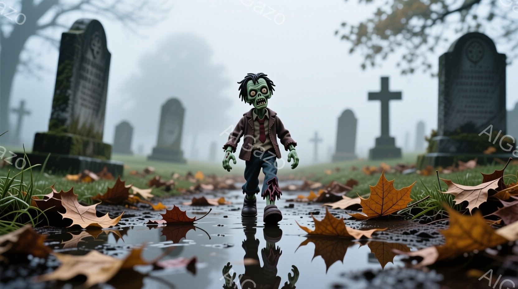 墓地の水たまりの中を、緑色のゾンビがよろめきながら歩いている。彼はチェック柄のジャケットとネクタイを着用し、髪はボサボサで顔色は青白く、表情は虚ろである。背景には、秋の落ち葉が散りばめられた墓石が立ち並び、霧のかかった陰鬱な雰囲気を醸し出している。