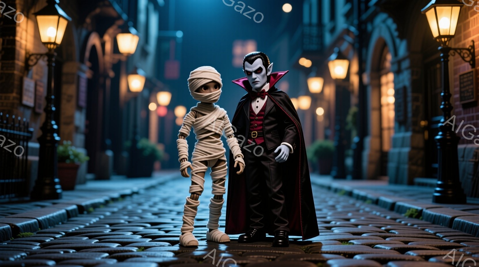 古い石畳の通りに、ミイラ男とドラキュラが並んで立っている。ミイラ男は包帯で全身が覆われ、ドラキュラは黒いスーツに赤い裏地が施されたクラシックな衣装を身につけている。背景には、点灯したガス灯と、霧のかかった古い建物が並び、夜の不気味な雰囲気を醸し出している。