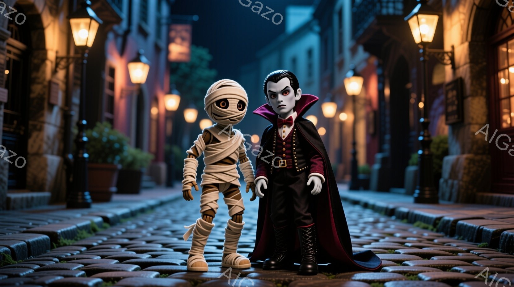 石畳の通りにミイラとドラキュラ風のキャラクターが立っている様子を描いています。ミイラは包帯で全身が覆われ、大きな丸い目が特徴的です。ドラキュラは黒いスーツに赤いマントを羽織り、鋭い眼光を放ち、少し不機 - AI生成フリー素材