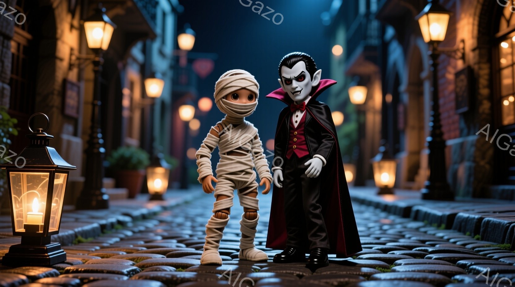 古い石畳の道に、ミイラと吸血鬼のフィギュアが並んで立っています。ミイラは包帯で全身が覆われ、吸血鬼は黒いスーツに赤いマント、整髪された髪と牙が特徴的です。背景には、点灯されたランタンが並び、暗い夜の街 - AI生成フリー素材