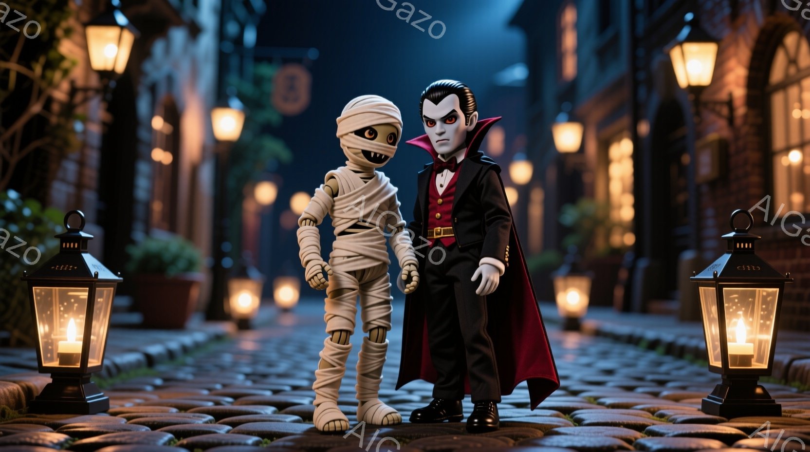 舗装された石畳の通りに、ミイラ男とヴァンパイアの男性が並んで立っています。ミイラ男は全身を包帯で覆われ、シンプルな表情をしています。ヴァンパイアは黒いスーツ、赤いケープ、そして整髪された髪と特徴的な白い歯を見せています。