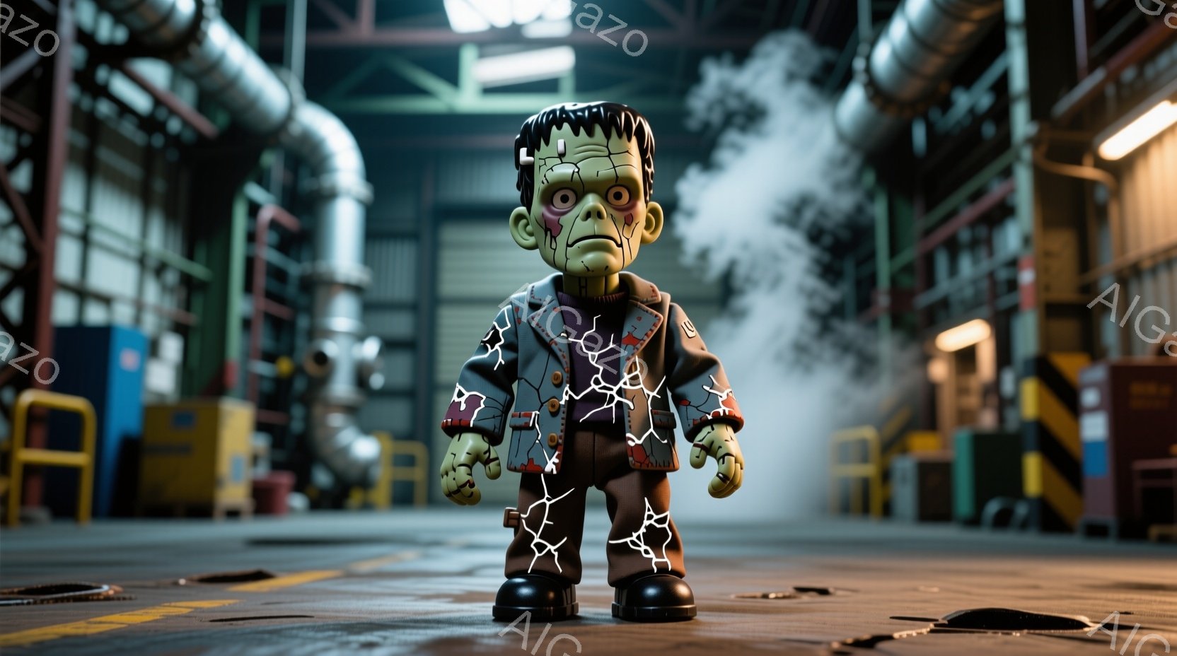 巨大な工業施設内で、フランクenstein風の緑色の人形が立っている。人形はボルトで留められた首、独特のヘアスタイル、そして身体に稲妻のような模様が入ったジャケットを着ている。背景にはパイプや機械が入り組んだ工場内部が広がり、蒸気が立ち込めて不気味な雰囲気を醸し出している。