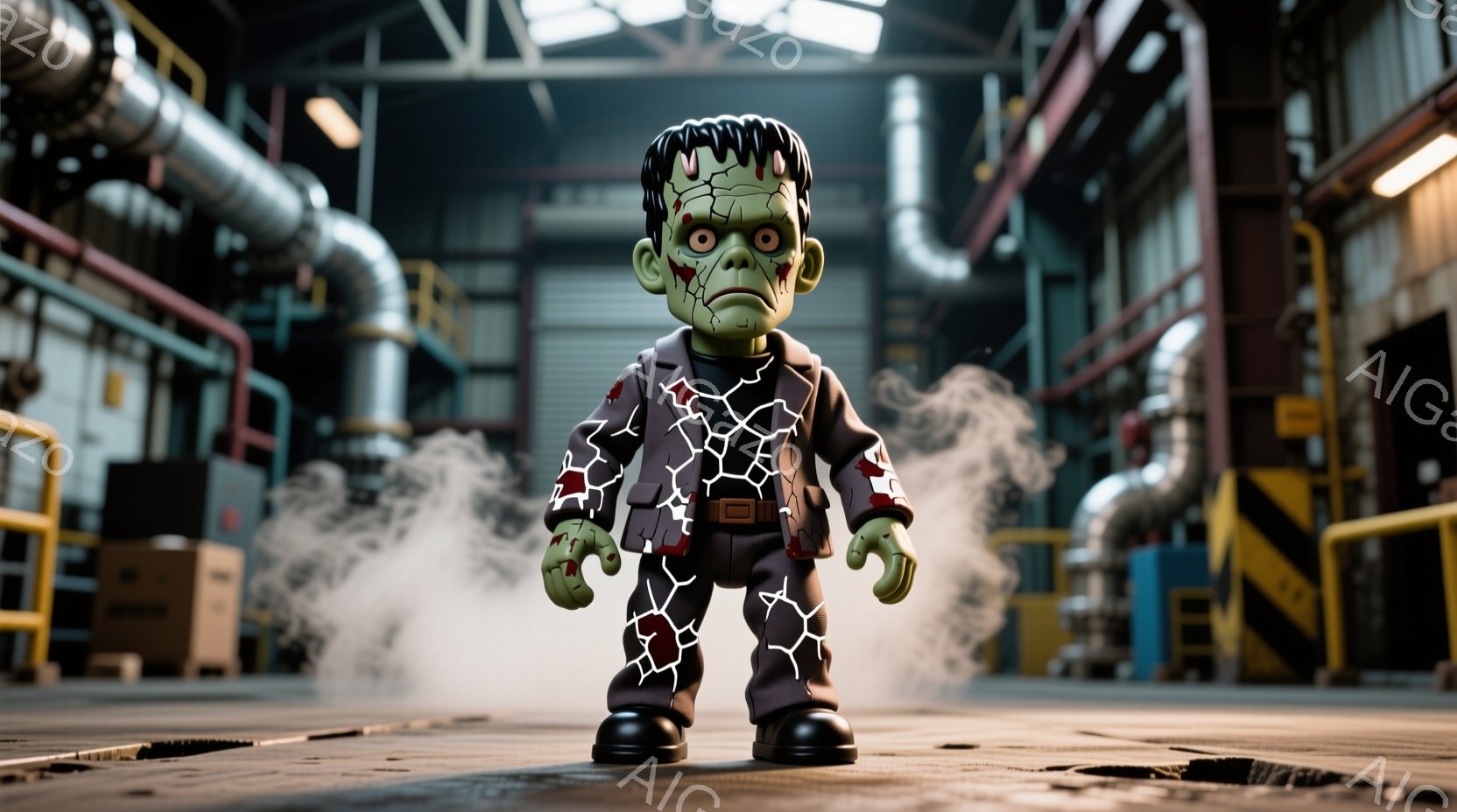 フランケンシュタインを模した人形が描かれており、緑色の肌に特徴的なボルトが首に埋め込まれています。人形は黒いスーツに身を包み、少し不気味な表情を浮かべており、足元には煙のようなものが漂っています。背景 - AI生成フリー素材